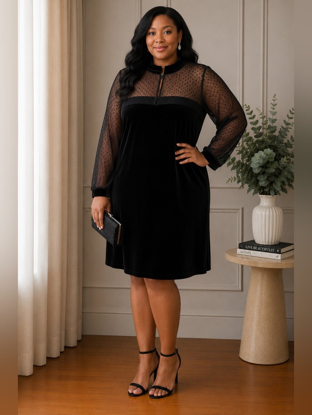 Eloquii Black Velvet Dress with Sheer Polka-Dot Yoke and Sleeves